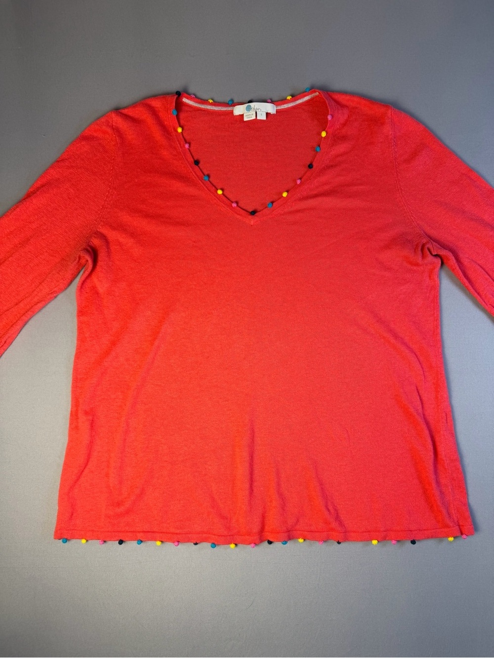 Boden Pink V-Neck Pom Pom Trim Sweater Size Small - Picture 3 of 7